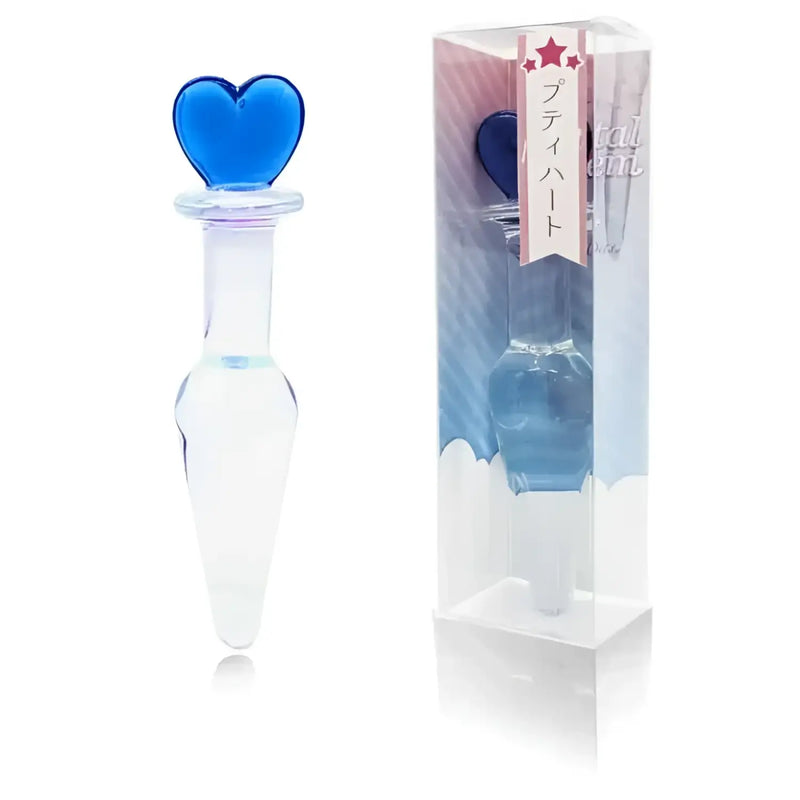 Glass butt plug with blue heart in the Crystal Gem Heart of the Ocean design