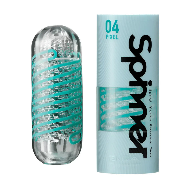Clear cylindrical sex toy with turquoise spiral design from TENGA SPINNER 04 PIXEL