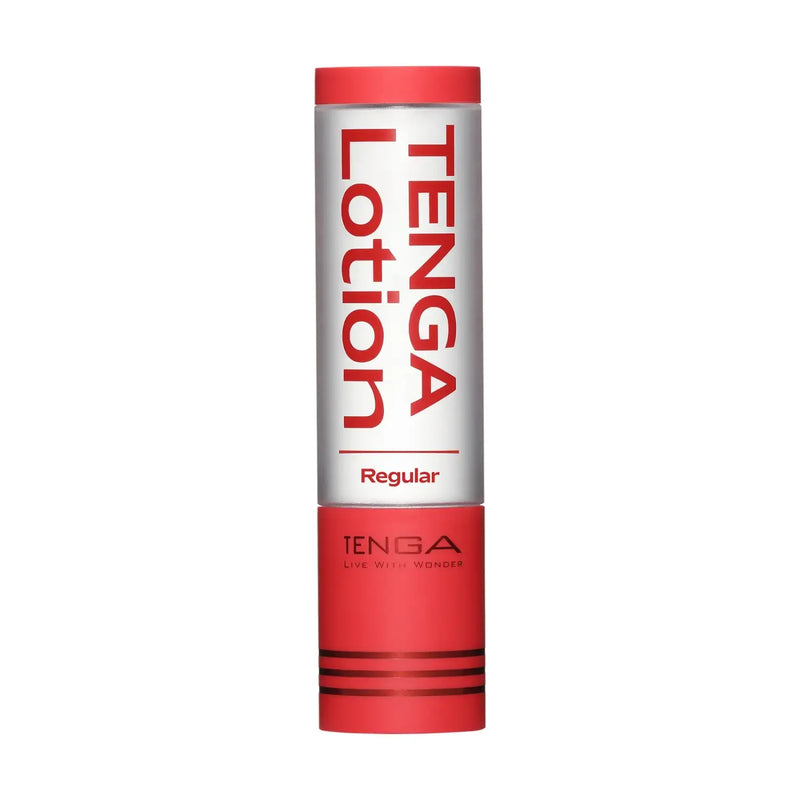 Red clear cylindrical TENGA LOTION REGULAR bottle with smooth product features for sex toy use