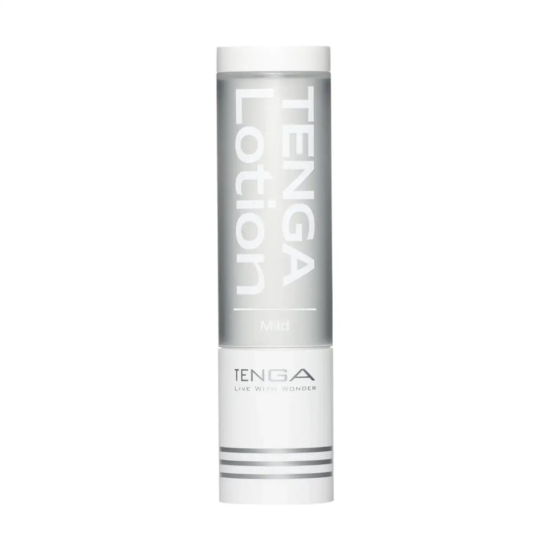 Clear white TENGA LOTION MILD bottle with mild formula for personal use sex toy care