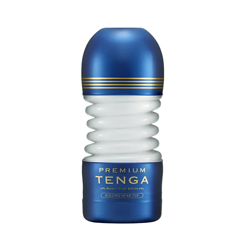 Blue and white ribbed sex toy from TENGA PREMIUM ROLLING HEAD CUP, featuring a rolling head design