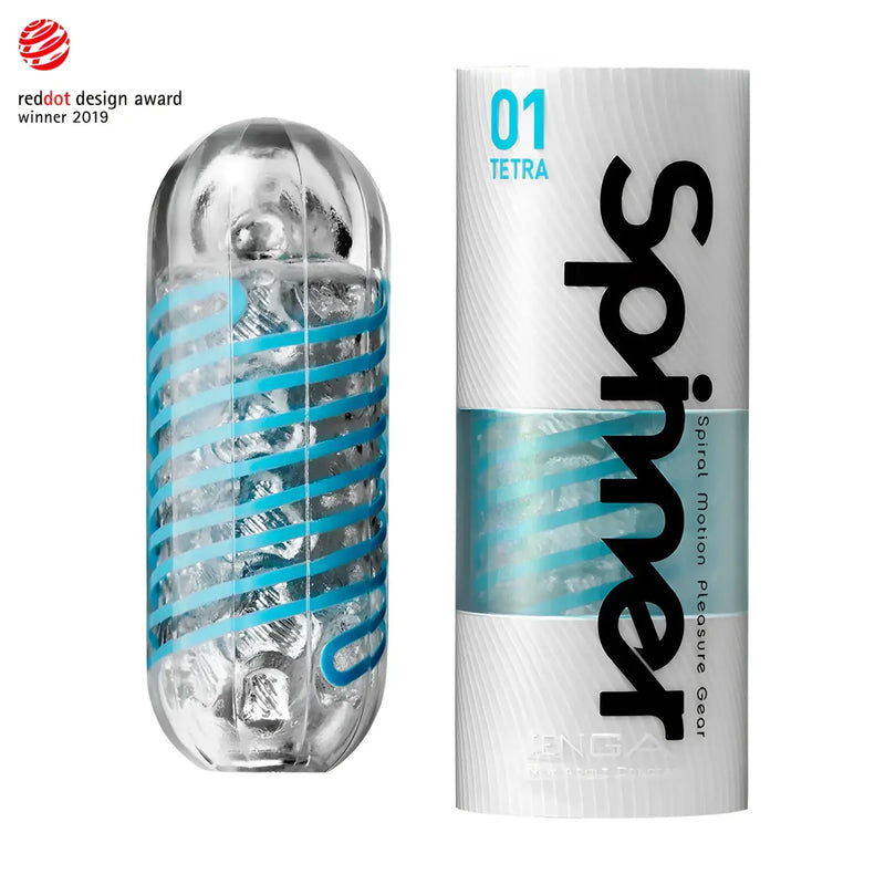 Adult sex toy and packaging for TENGA SPINNER 01 TETRA with condom and lubricant