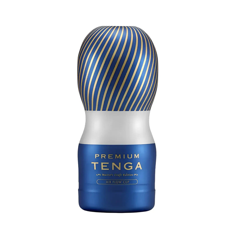 Blue and gold striped Tenga Premium Air Flow Cup for enhanced air flow and comfort