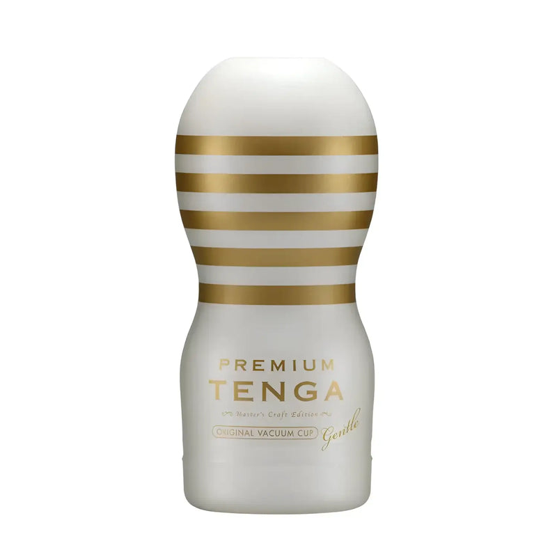 White and gold striped TENGA PREMIUM ORIGINAL VACUUM personal massager for ultimate pleasure