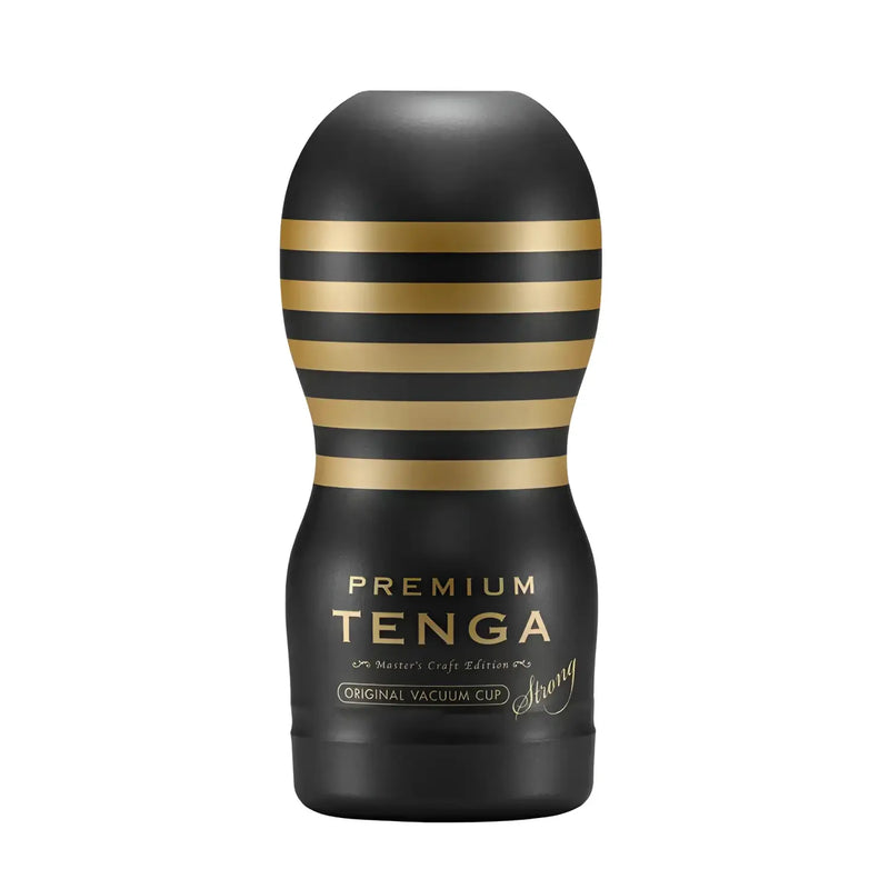 Black and gold striped Tenga Premium Original Vacuum Cup for ultimate pleasure