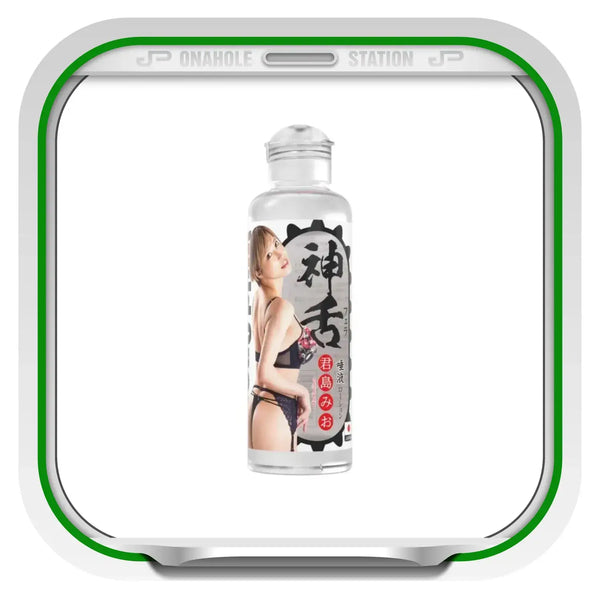 Mio Kimijima God Blow Job Saliva Lotion with a stylish woman on the label, 180ml