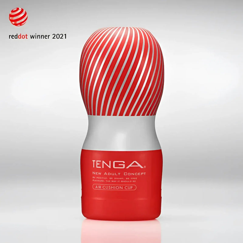 Red and white TENGA AIR FLOW CUP with textured spiral top and vacuum hole for air flow