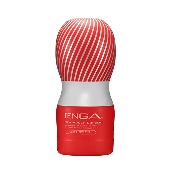 Red and white striped TENGA AIR FLOW CUP with vacuum hole and air flow design