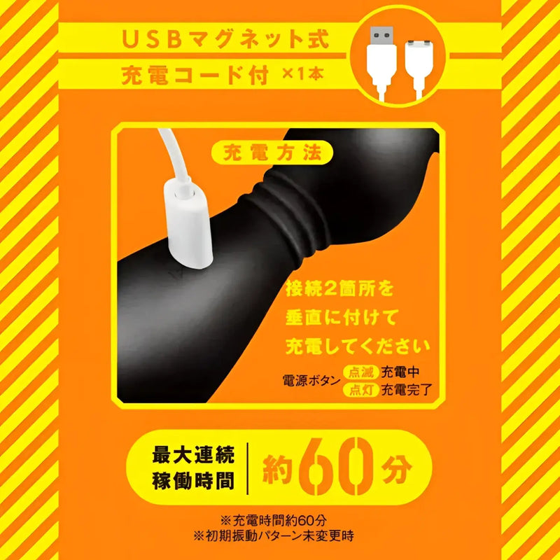 Orange advertisement for Mesuiki Back Vibe 9 Punitto Anal Beads USB-charged device