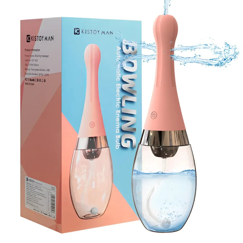 Pink and clear enema bulb from the Bowling 3-speed 5-hole spraying electric anal enema