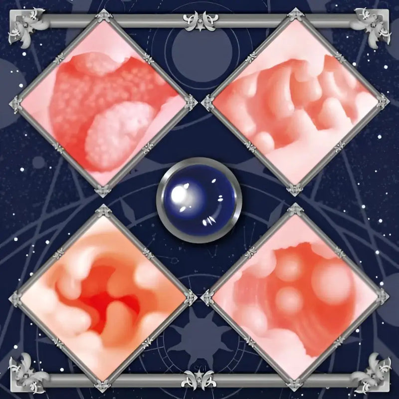 Dark blue orb with red-orange blobs in a square frame, perfect for TOYSHEART Atelier Onahole diatom drying collection