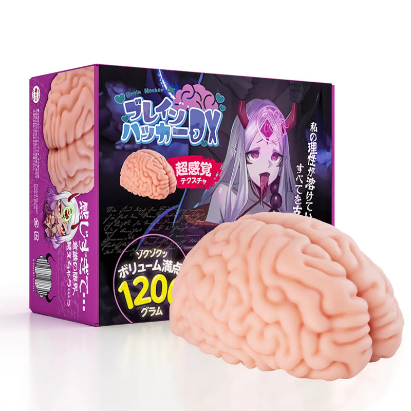 Pinkish beige brain-shaped stress ball in XTC Brain Hacker DX box