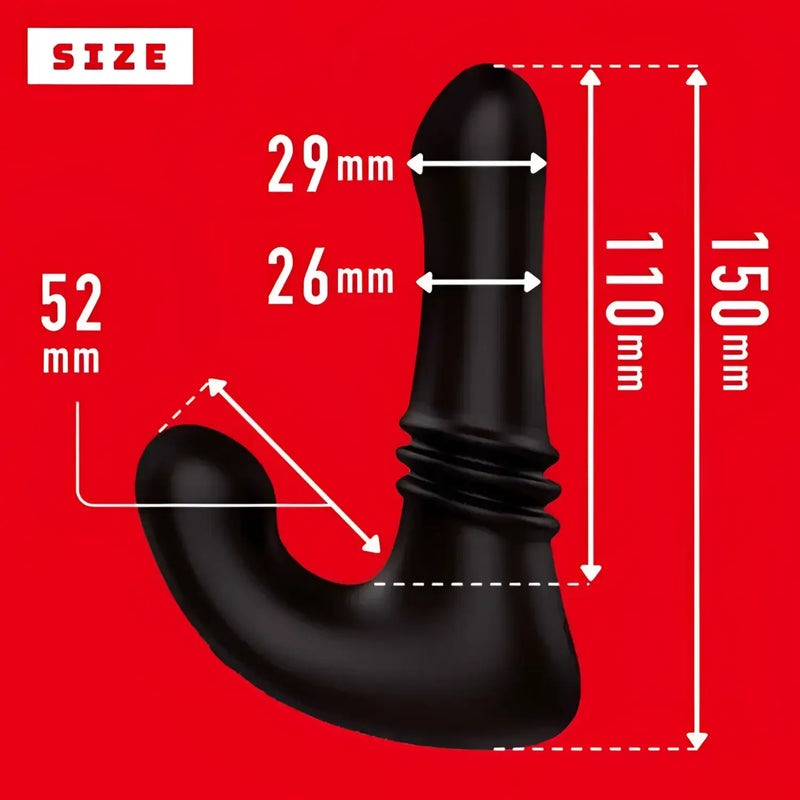 Black J-shaped Mesuochi Back Vibe 9 Butthole Piston Prostate Massager with size details