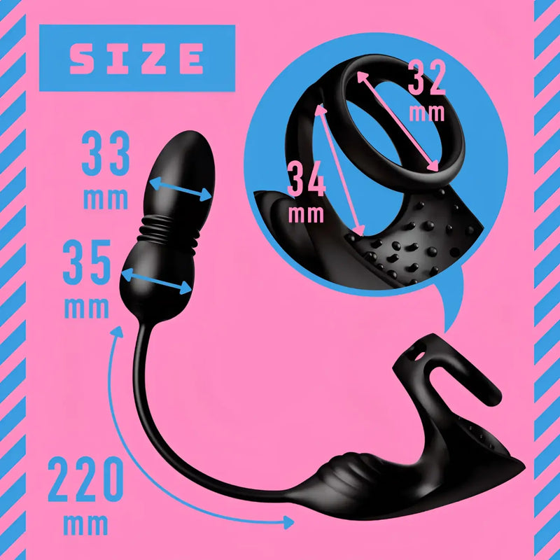 Black silicone clamp anal vibrator with remote piston for intense pleasure experience
