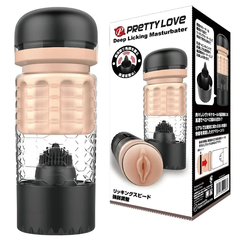 Black and clear masturbator with deep licking and rotating tongue features