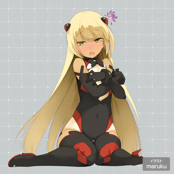 Anime girl in a black and red bodysuit with a vacuum suction spiral electric masturbator