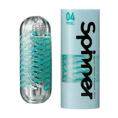 Clear cylindrical sex toy with turquoise spiral design from TENGA SPINNER 04 PIXEL