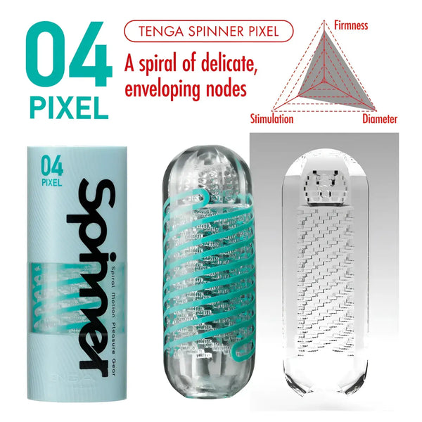 TENGA SPINNER 04 PIXEL male sex toy with spiral interior and drying stand