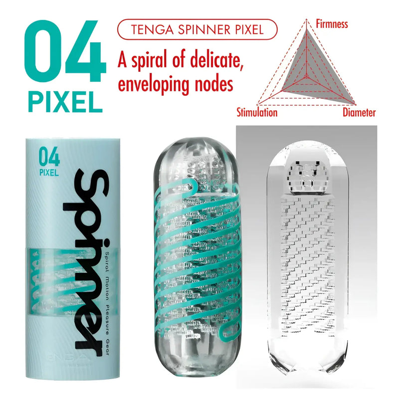 TENGA SPINNER 04 PIXEL male sex toy with spiral interior and drying stand