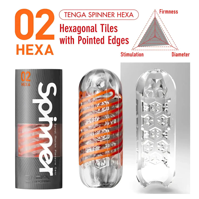 TENGA Spinner Hexa sex toy on drying stand with condom for easy cleanup