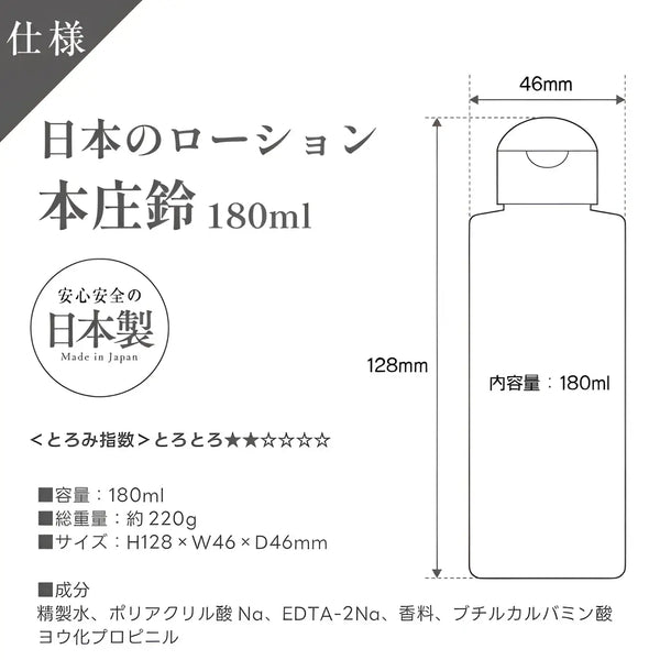 Honjo Suzu Love Juice Lotion specs for Pure Japanese Made Suzu Love Lubricant 180ml