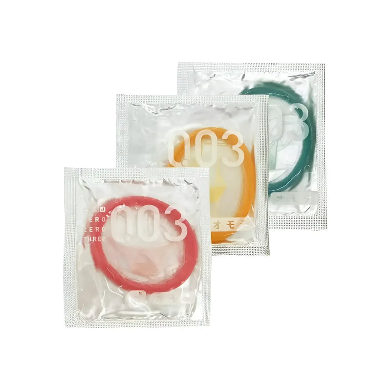 Pack of Okamoto Zero-Three 0.03 Ultra-Thin Condoms in red, orange, and green, Glamorous Butterfly design