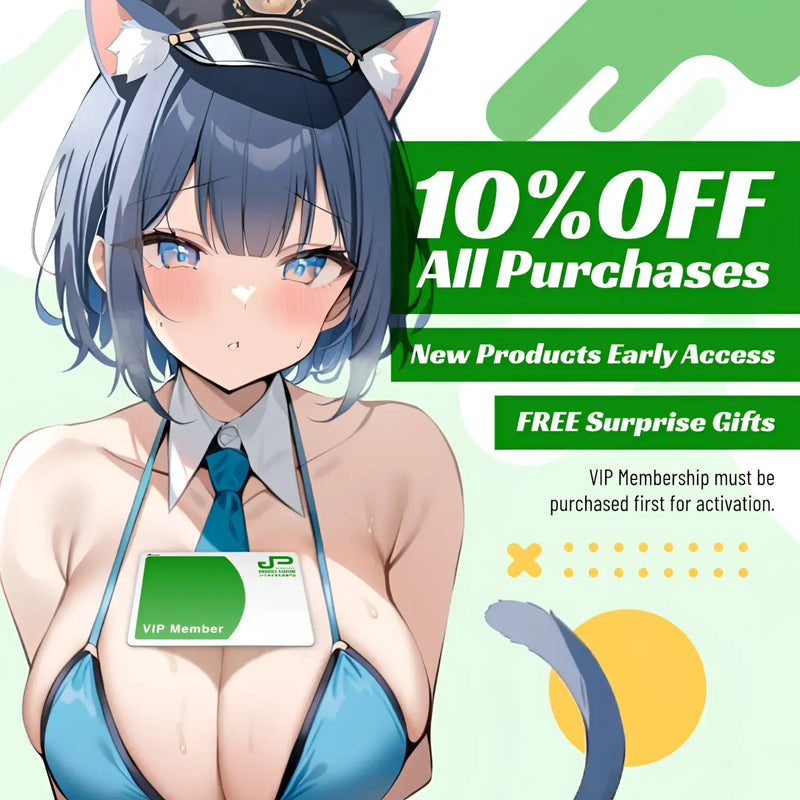 Anime-style ad with cat-eared woman hyping ONAHOLE STATION VIP annual membership discounts