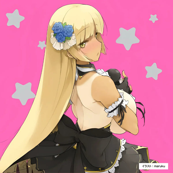Anime girl with blonde hair and blue roses promoting Puni Ana-roid 8 Maid Vibrating Triple-Ring Piston Electric Masturbator