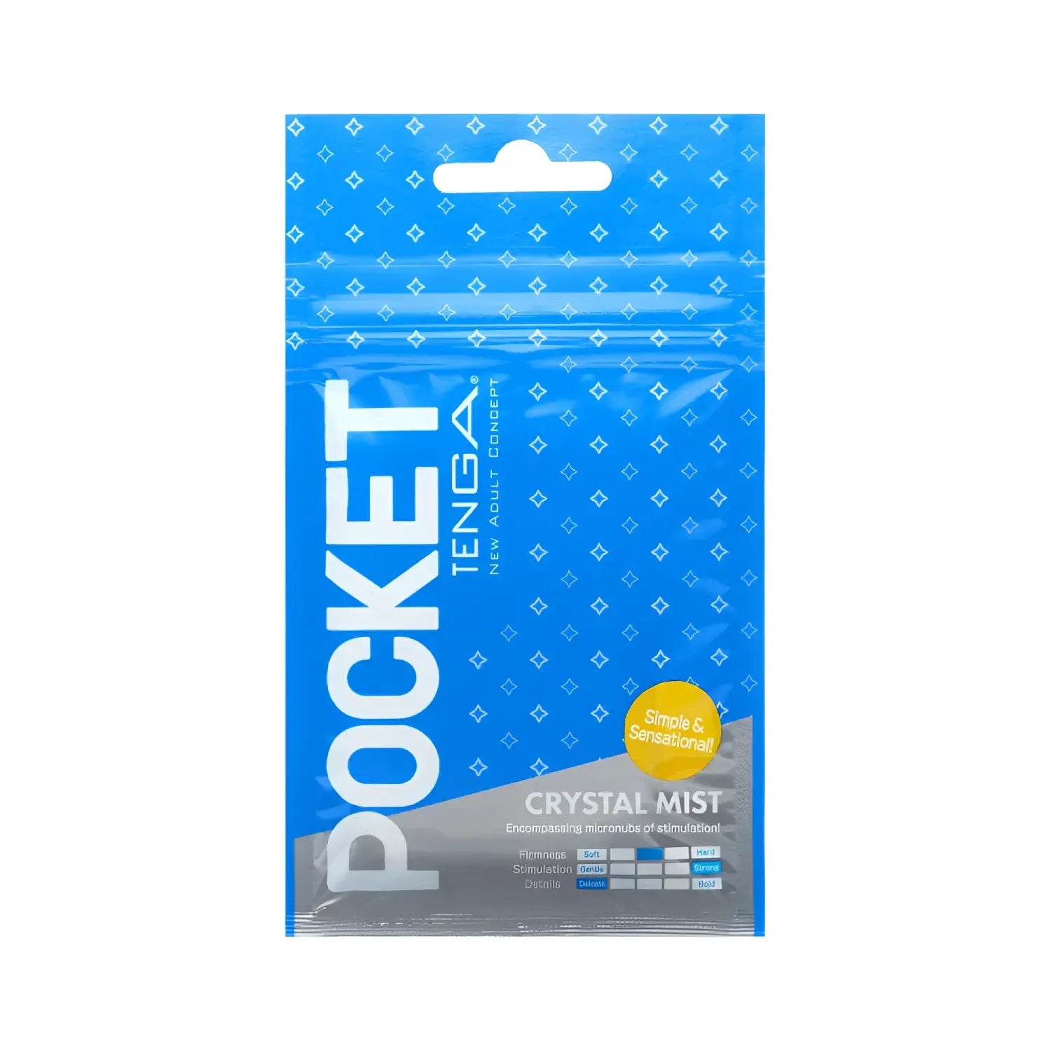 Blue and gray Tenga Pocket Crystal Mist sex toy pouch showcasing product features