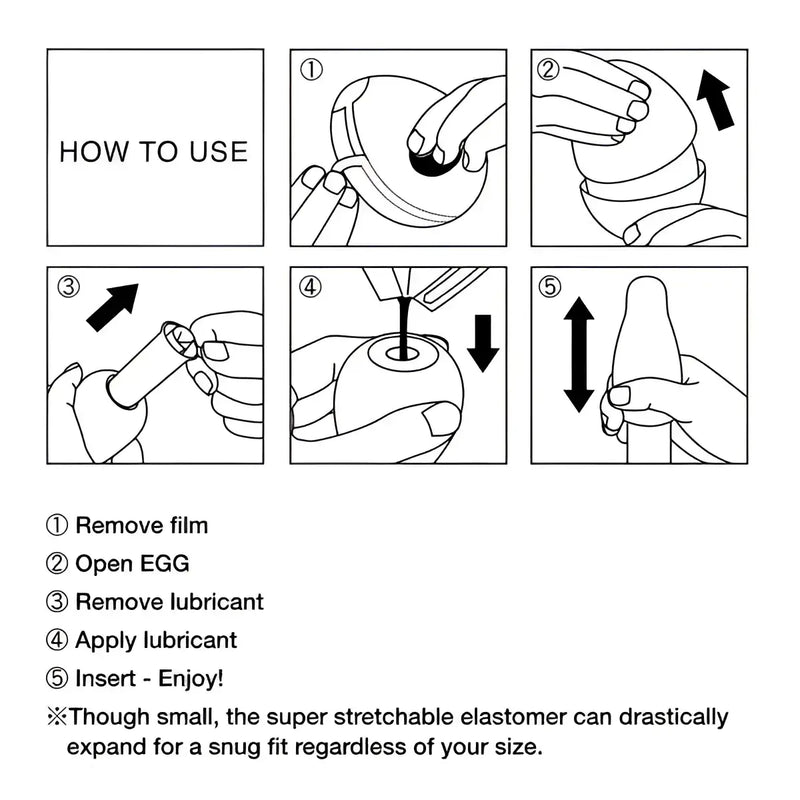 Instructions for using the TENGA EGG HARD BOILED II PACK sex toy with stretchable egg-shaped design