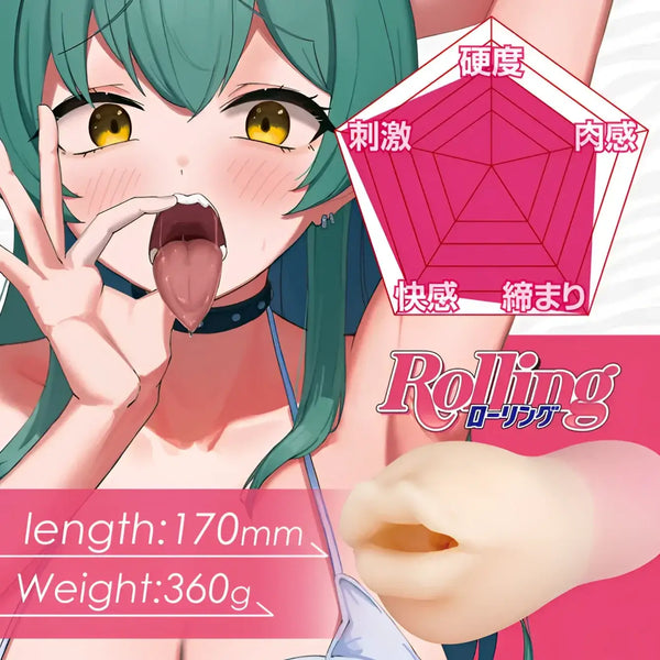 Anime-themed sex toy Twinfinity Lip Rolling Blowjob Masturbator showcasing unique product features