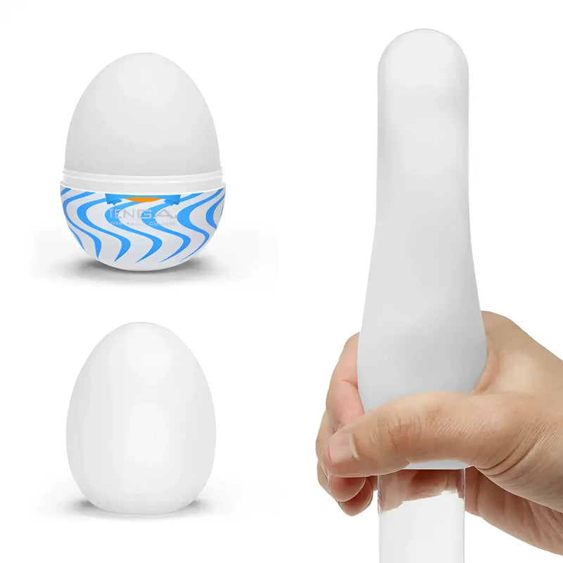 White egg-shaped male sex toy with wavy blue design for easy pleasure use