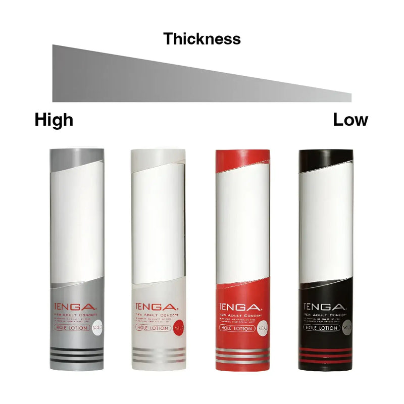 Four TENGA LOTION MILD bottles showing different thickness levels for sex toy lubrication