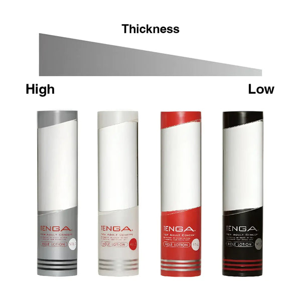 Four colorful TENGA LOTION LIGHT bottles showing product features for sex toy care