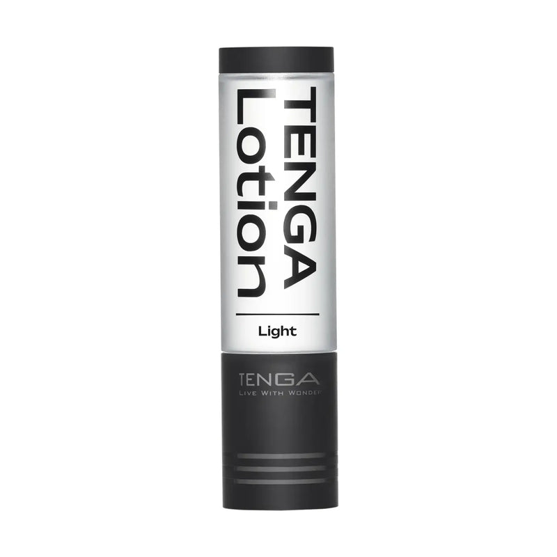 Clear and black cylindrical TENGA LOTION LIGHT bottle, perfect for sex toy use