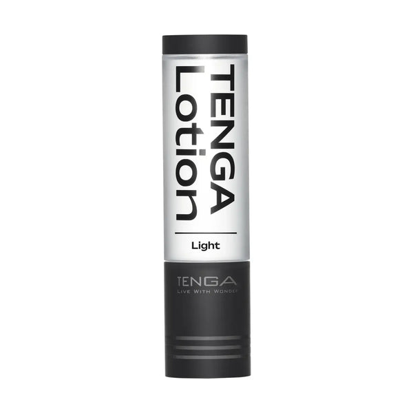 Clear and black cylindrical TENGA LOTION LIGHT bottle, perfect for sex toy use