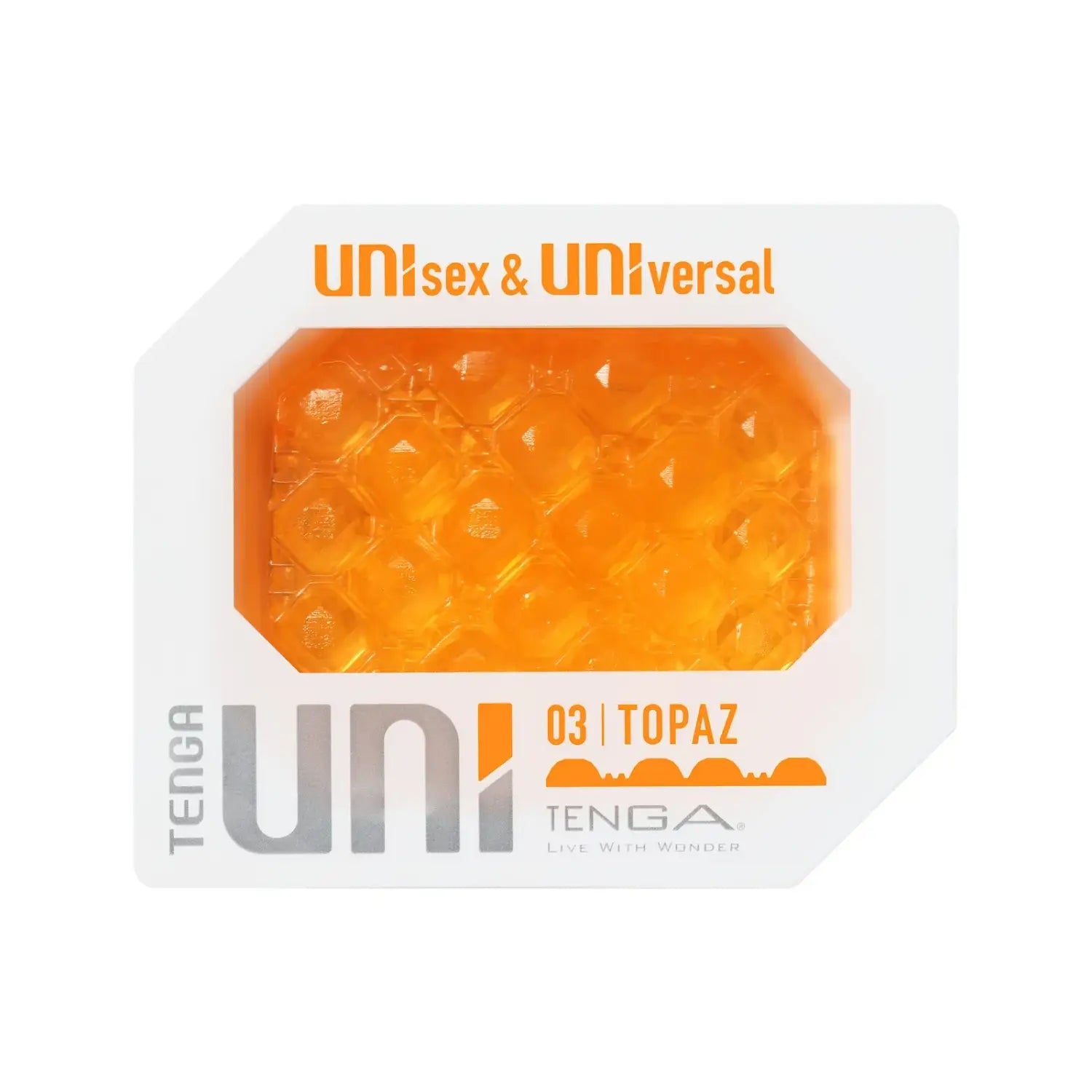 Orange TENGA UNI TOPAZ sex toy with textured interior, pocket-sized and translucent