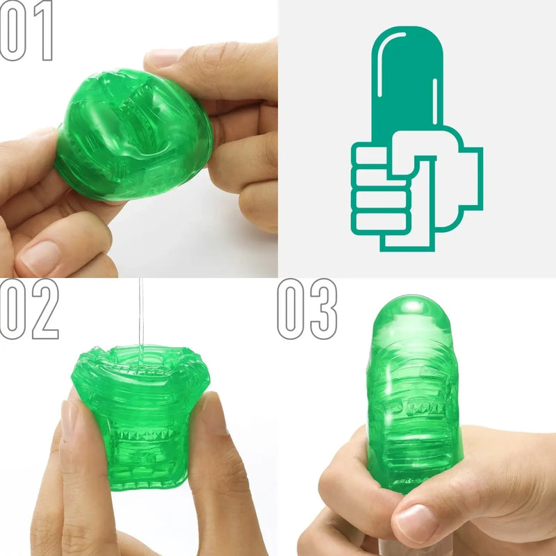Translucent green TENGA UNI TOPAZ sex toy with textured design and product features