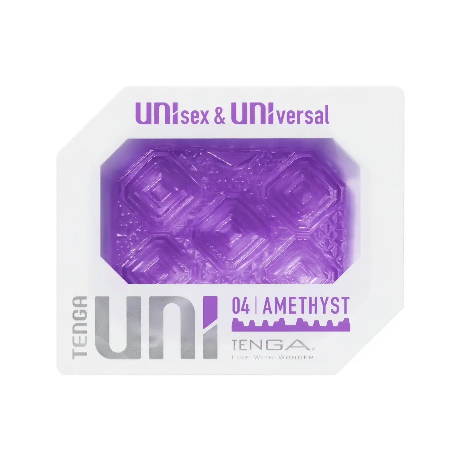 Purple textured TENGA UNI AMETHYST sex toy in clear retail packaging for easy display