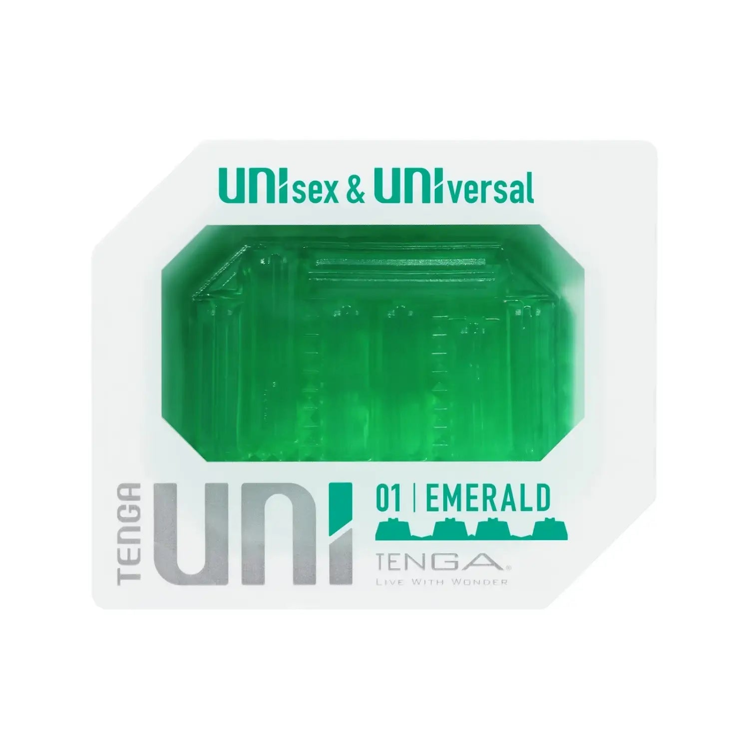 Green transparent reusable TENGA UNI EMERALD sex toy with universal design features