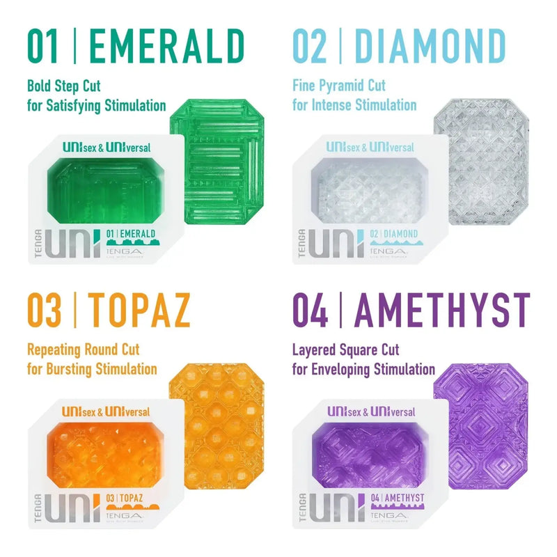 Gemstone-themed sex toy masturbators with unique internal textures for different stimulation experiences in TENGA UNI VARIETY PACK