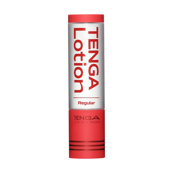 Red clear cylindrical TENGA LOTION REGULAR bottle with smooth product features for sex toy use