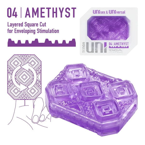 Purple translucent TENGA UNI AMETHYST sex toy with textured interior and multi-chamber design