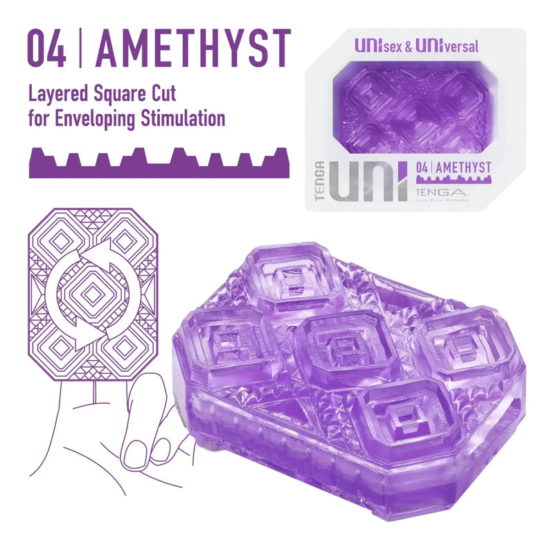 Purple translucent TENGA UNI AMETHYST sex toy with textured interior and multi-chamber design