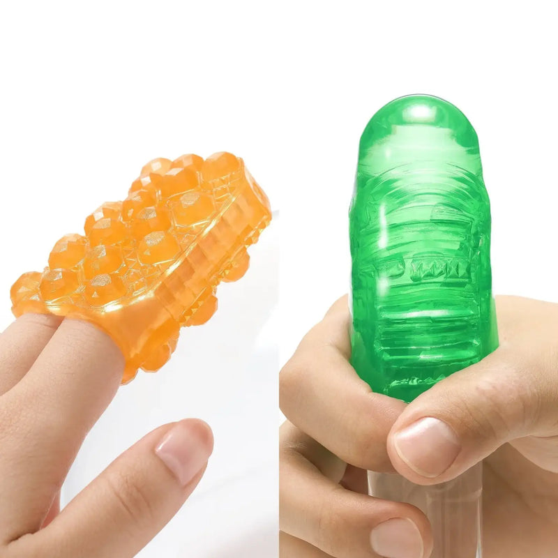 Translucent orange and green TENGA UNI DIAMOND sex toy finger massagers with unique product features