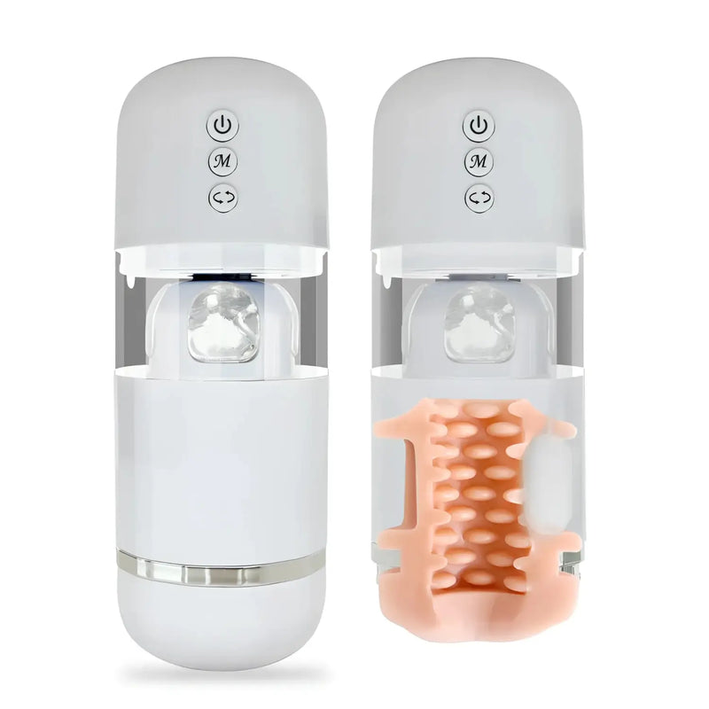 Electric Fellarhythm Dual-Vibration Rotating Masturbator showing internal textured sleeve and sleek design