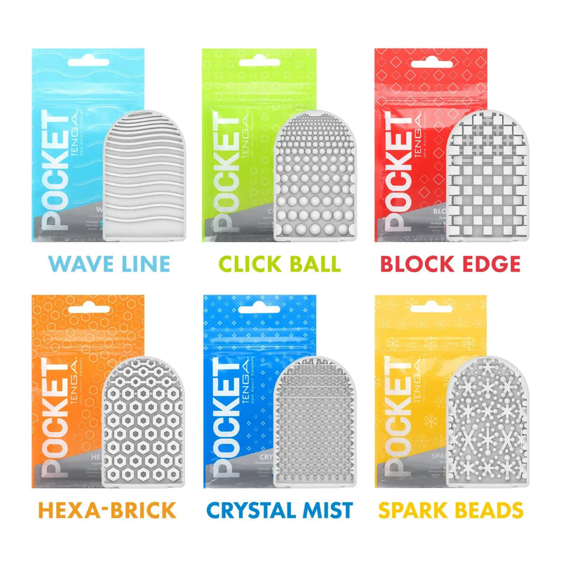 Textured sex toy collection with six color-coded pouches from POCKET TENGA WAVE LINE