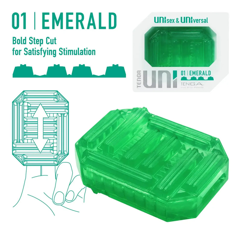 Green translucent TENGA UNI EMERALD sex toy with bold step cut internal texture