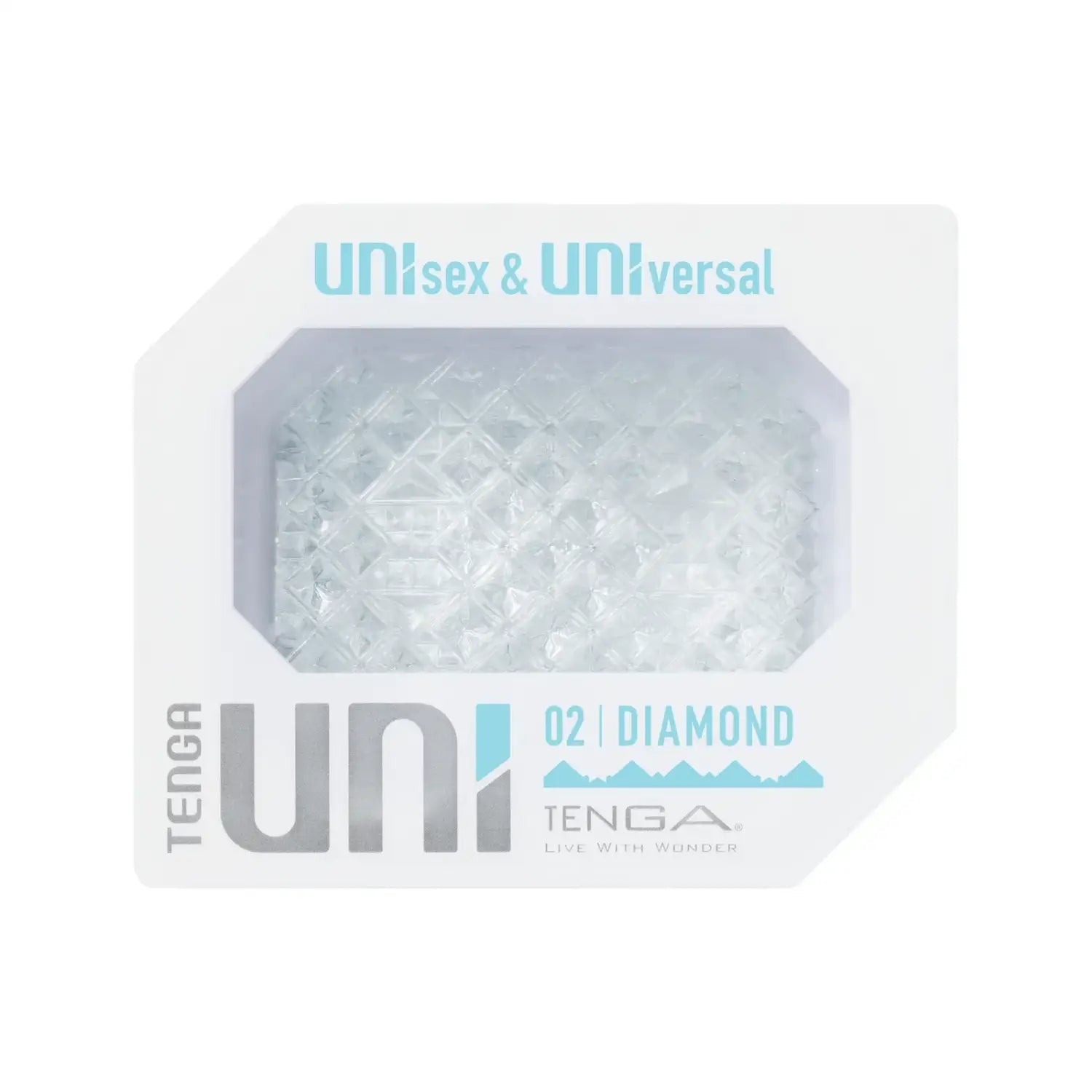 White TENGA UNI DIAMOND sex toy package with clear window showing faceted objects