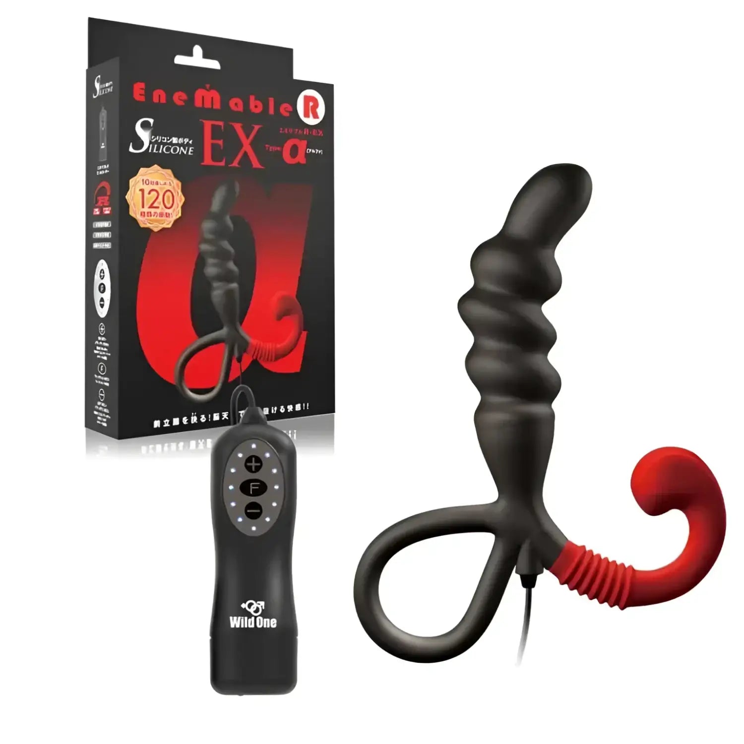 Black and red Enemable R EX Type-α silicone enema device for prostate pleasure with remote